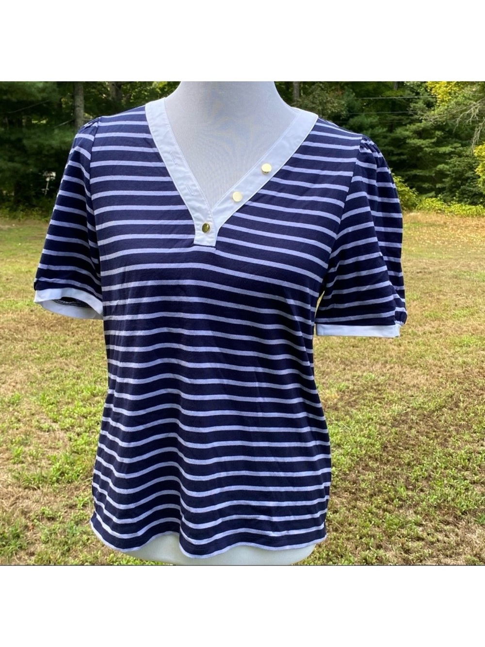 DRAPER JAMES TOP TEE SHORT SLEEVE NEW NWOT BLUE PURPLE STRIPE WHITE VNECK SIZE M
